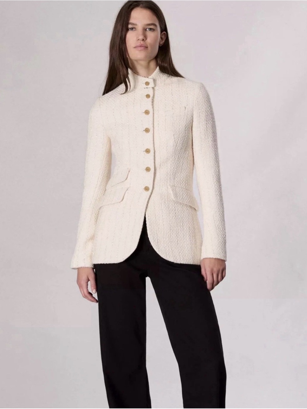 rag & bone Cream Textured Stand-Collar Blazer with Gold Buttons